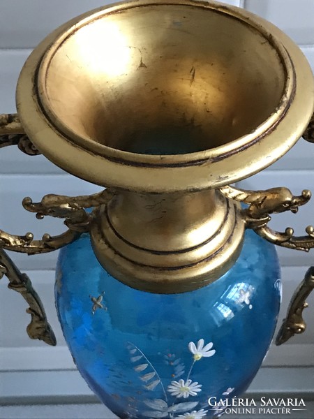 Antique moser vase with gilded metal base and handles, 42 cm high
