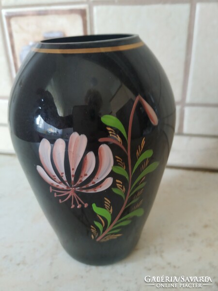 German, black glass vase, for sale with web sign! Beautiful hand painted black glass vase