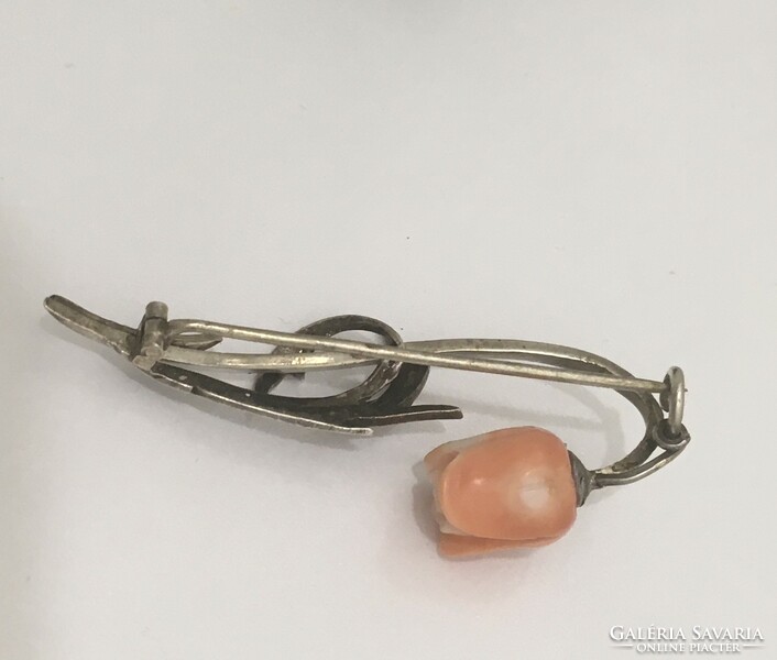Antique silver brooch coral flower real pearls