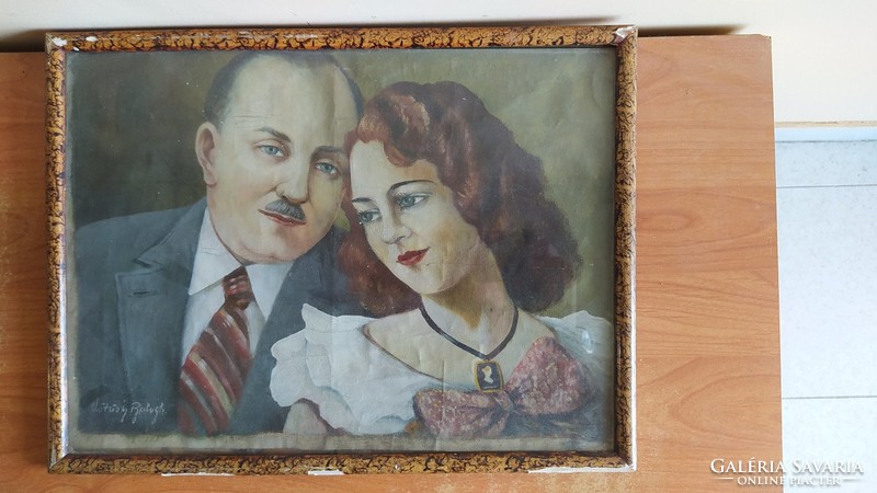 Idyllic couple portrait painting by Kőrösy Balogh, oil on cardboard 42x32 cm with frame