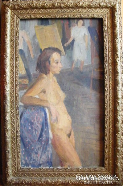 Péter Földes giant nude painting 70x105 cm + 15 cm frame