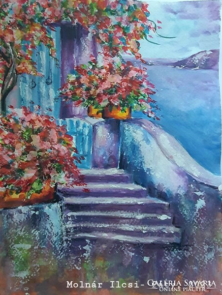 Molnár Ilcsi  " Mediterran lépcsőn "  című munkám - akvarell festmény