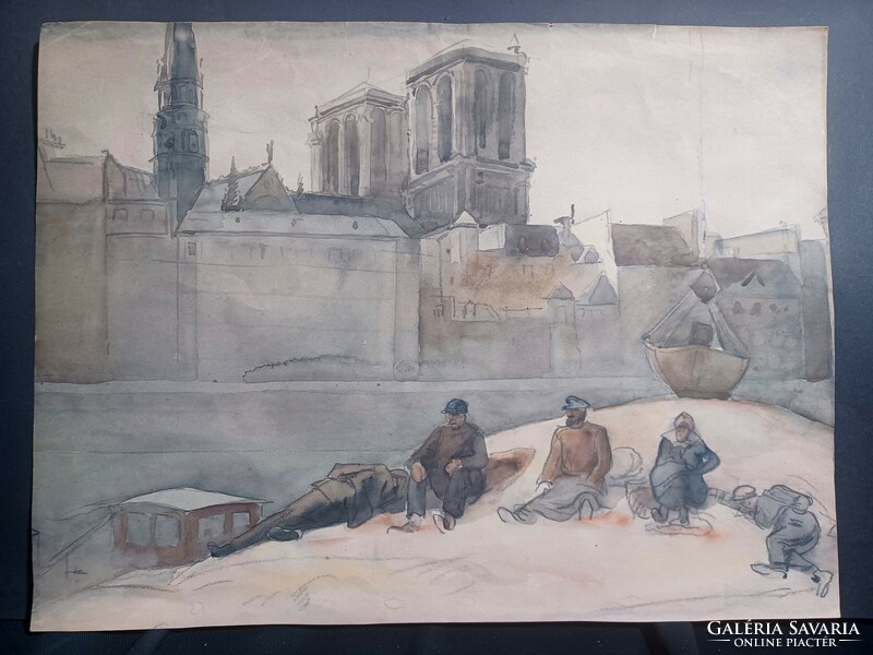 Workers resting in Paris, Notre Dame in the background - watercolor (35x26 cm)