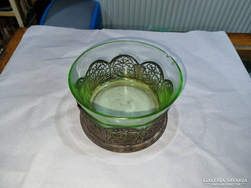 Old metal bowl with glass insert
