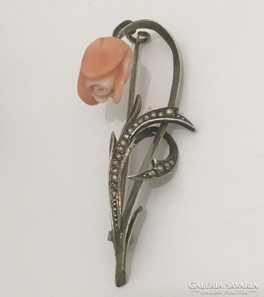 Antique silver brooch coral flower real pearls