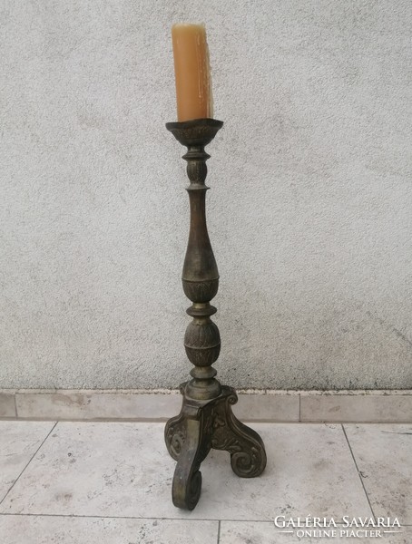 Rare, unique antique giant copper (bishop's) candlestick with original candle (today: 73 cm)