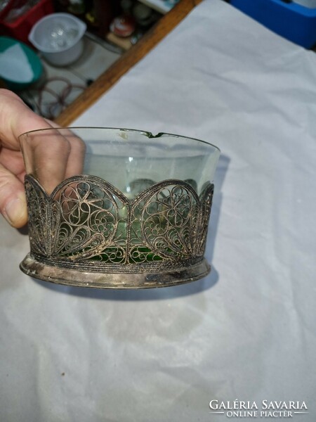 Üveg betétes régi fém tál