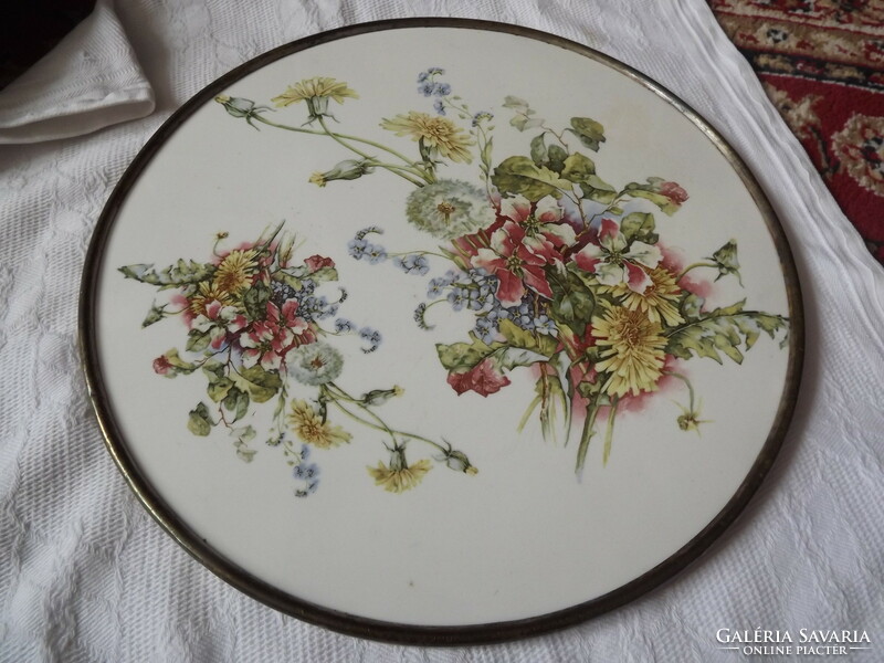 Beautiful tray with antique porcelain faience insert 30 cm