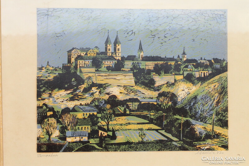 András Csavlek (1942-) landscape, veszprém, colored linocut
