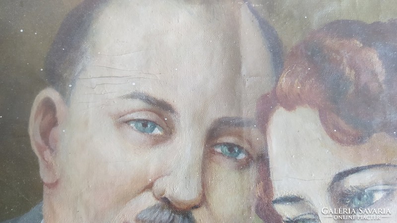 Idyllic couple portrait painting by Kőrösy Balogh, oil on cardboard 42x32 cm with frame