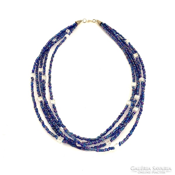 Királykék sokszálas olasz üveggyöngy nyaklánc, kék szín fényes nyaklánc a 1980-as évekből nyakék