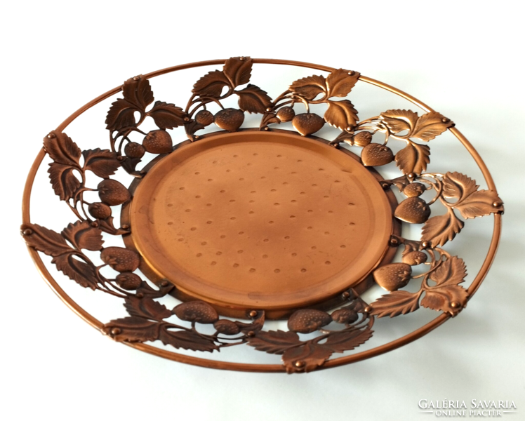 Old beautiful openwork strawberry pattern copper fruit bowl, serving tray, centerpiece