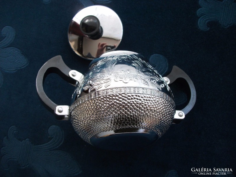 New double-walled cromaline chrome alloy sugar bowl with mid-century vinyl handles