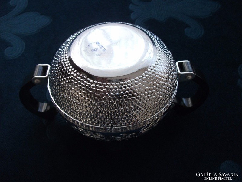 New double-walled cromaline chrome alloy sugar bowl with mid-century vinyl handles