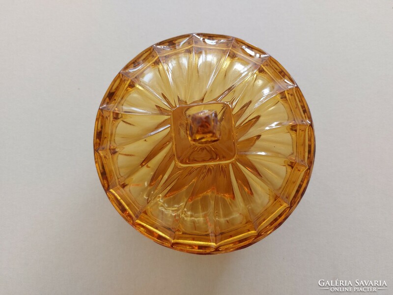 Old glass large bonbonier amber colored 15.5 cm sugar bowl with lid