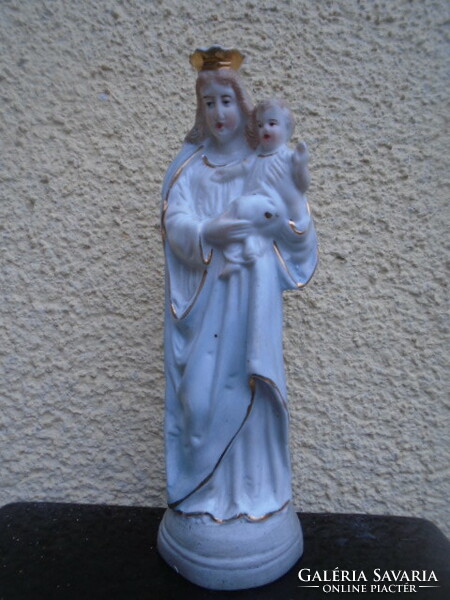 Antik, 1920-30 as évekből, 20 cm es, kézzel festett porcelán Mária gyermekével szobor