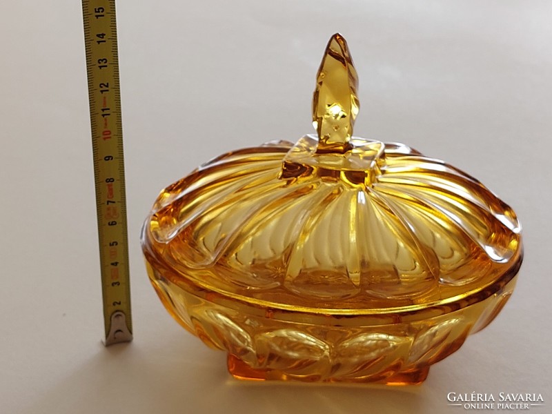 Régi üveg nagy bonbonier borostyán színű fedeles 15,5 cm es cukortartó