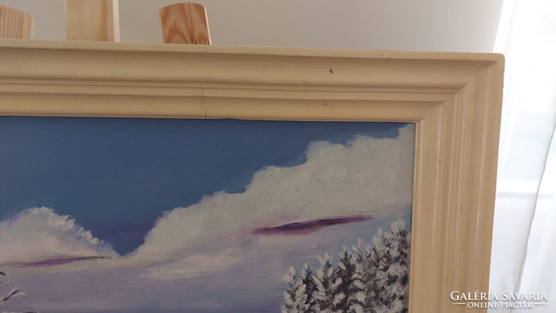 (K) Szép szignózott téli tájképfestmény 70x53 cm kerettel