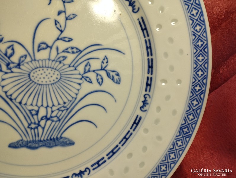 Large flat Chinese porcelain plate with grains of rice