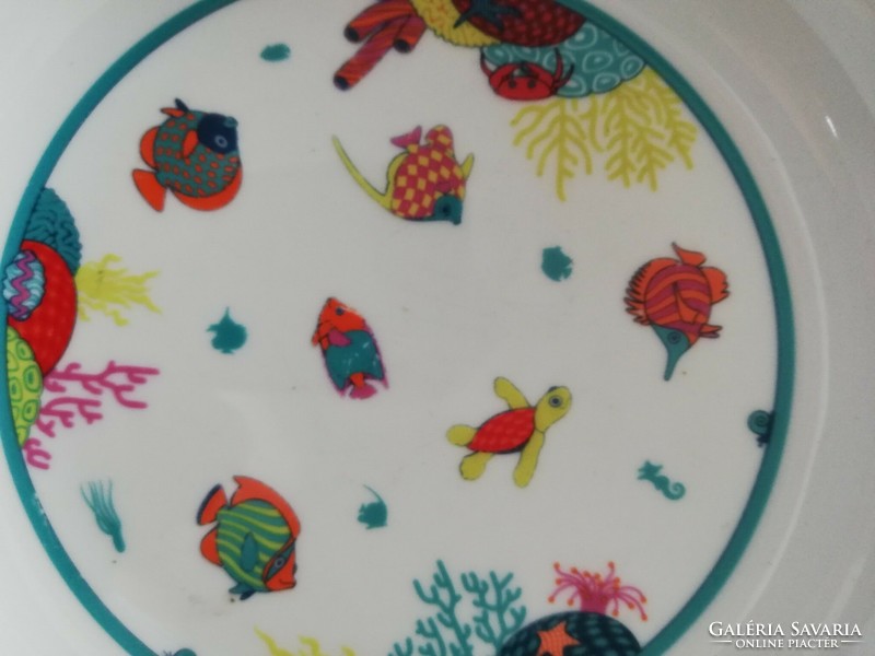 Hand-painted children's plate with fish and vegetables