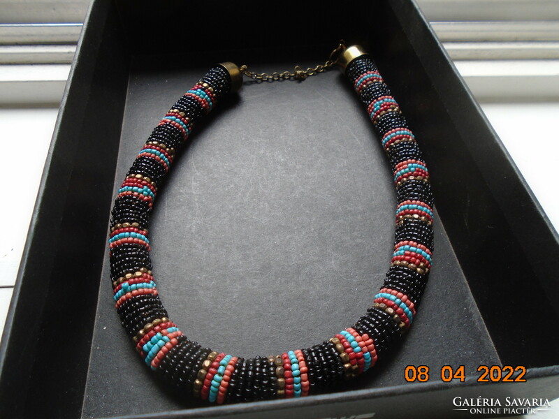 Zulu South African tribal rope necklace made of colorful small beads with a gold-plated clasp