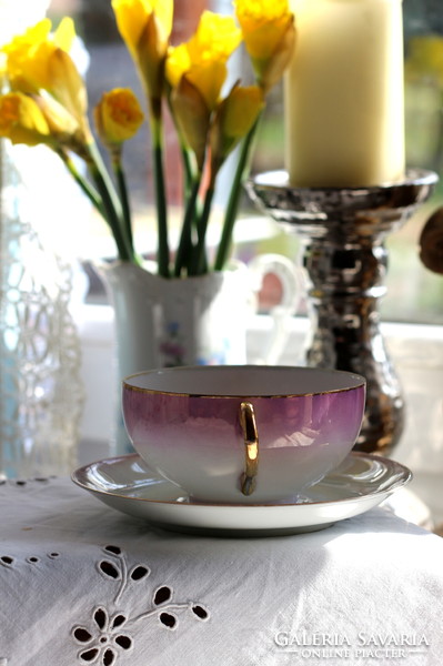 Eigl Austria tojáshéj porcelán, pink/erős rózsaszín, finoman irrizáló, aranyozott teás szett