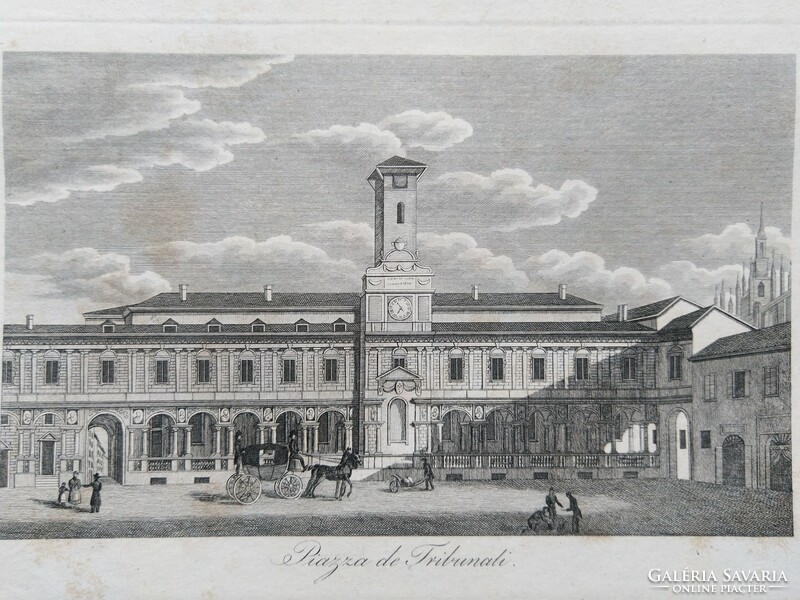 Milano is the tribunal market. Original wood engraving ca. 1835