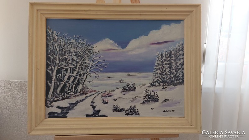 (K) Szép szignózott téli tájképfestmény 70x53 cm kerettel
