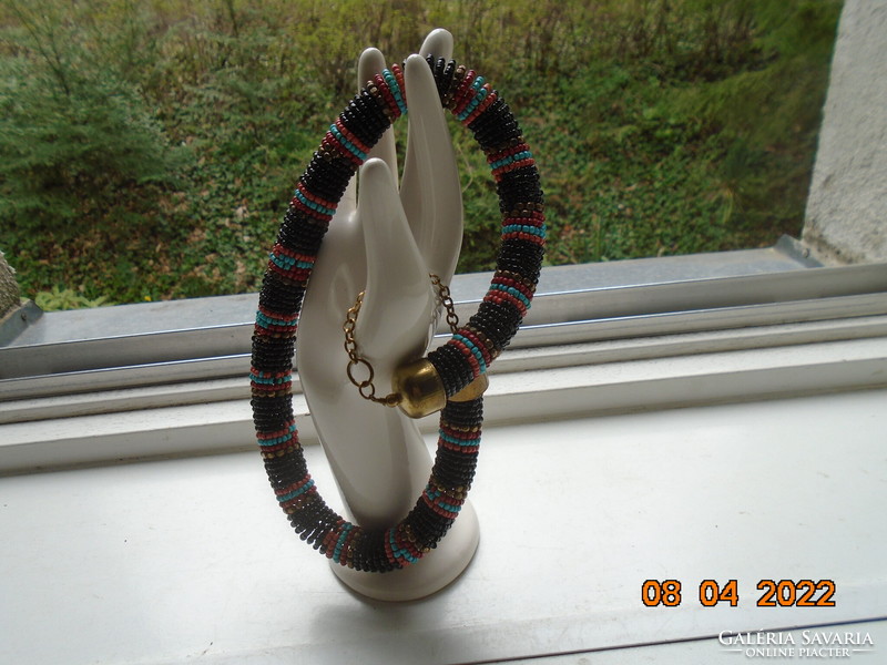 Zulu South African tribal rope necklace made of colorful small beads with a gold-plated clasp