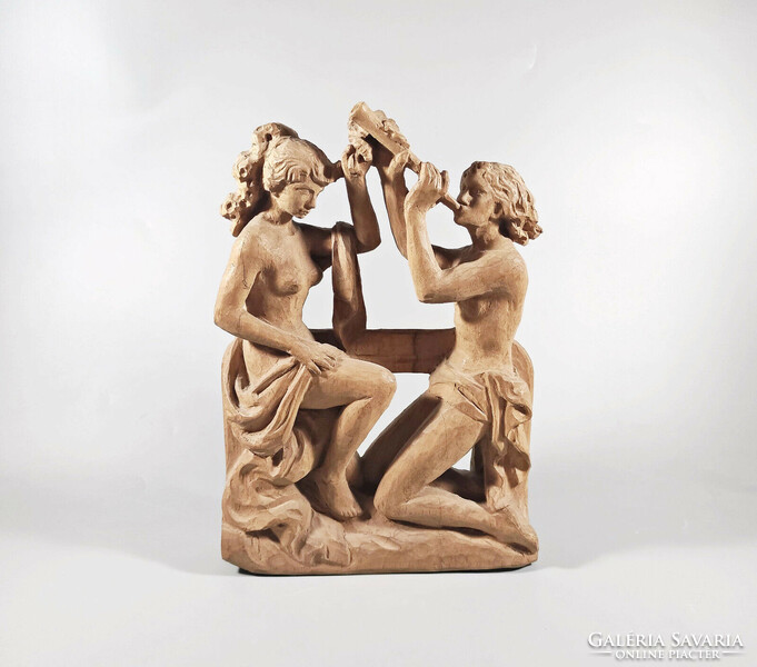 Two nude women, signed, hand-carved wooden sculpture, flawless! (F003)