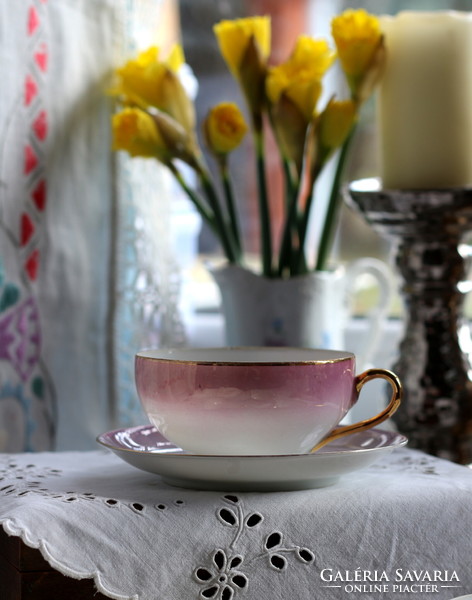 Eigl Austria tojáshéj porcelán, lila szín, finoman irrizáló, aranyozott teás szett