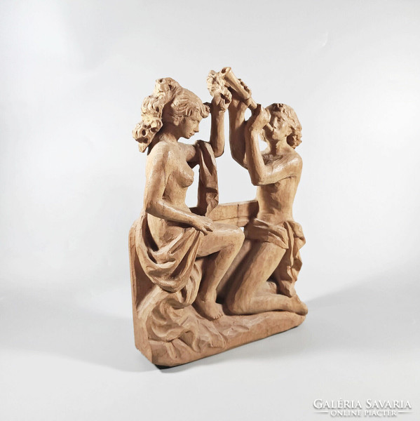 Two nude women, signed, hand-carved wooden sculpture, flawless! (F003)