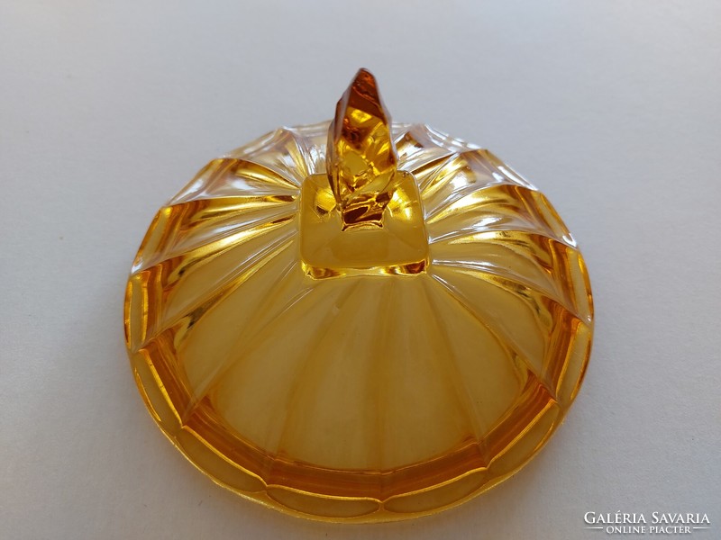 Régi üveg nagy bonbonier borostyán színű fedeles 15,5 cm es cukortartó