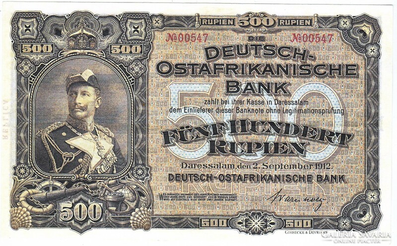 Német Kelet-Afrika 500 rupia REPLIKA 1912 UNC