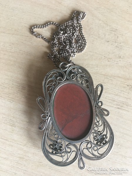 Filigree handmade red jasper medal, on a silver chain-