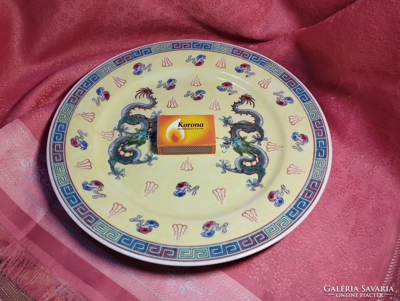 Régi , sárkányos , kínai nagy lapos porcelán tányér
