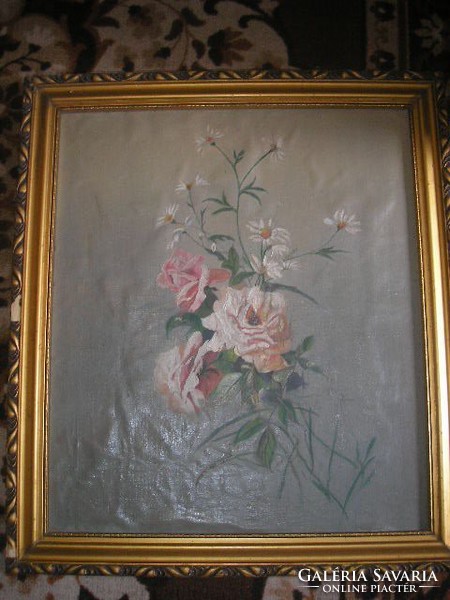 N11 Antik művészi rózsacsokor farostra kasírozott vászon olaj festmény 60 x 54 cm leárazva