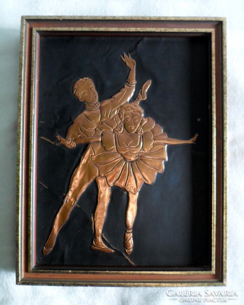 Balett táncosok - régi rézlemez dombormű falikép vastag keretben