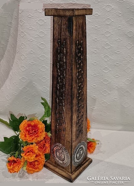 Standing rustic Indian wooden incense holder decorated with sun and gift incense