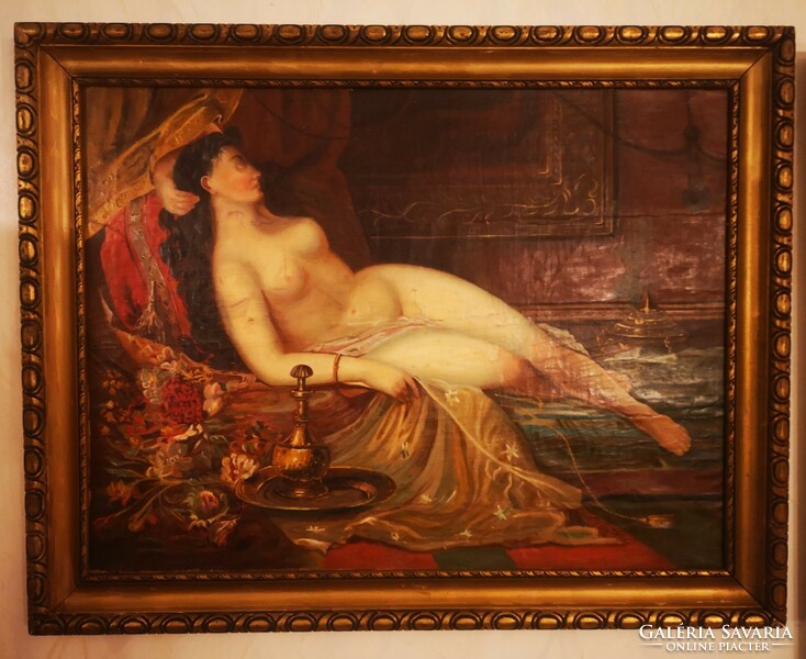 Antique art nouveau female nude painting in the style of Eastern Turkish atmosphere, in a wooden frame