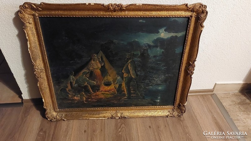 (K) Táborozók életkép festmény 82x69 cm kerettel, olaj vászon.