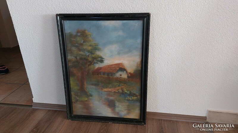 (K) Sztelek Norbert (Nagybánya) Pasztell tájképfestmény tanyával 56x74 cm kerettel.