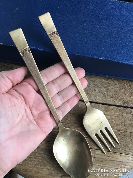 Old handmade copper serving set in a box