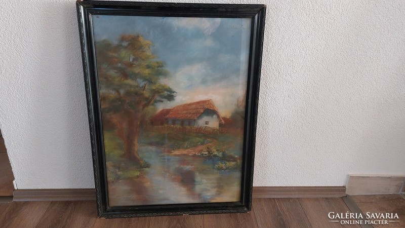(K) Sztelek Norbert (Nagybánya) Pasztell tájképfestmény tanyával 56x74 cm kerettel.