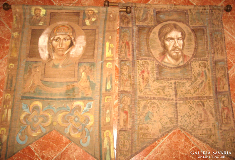 Pair of antique church processional hand-painted flags