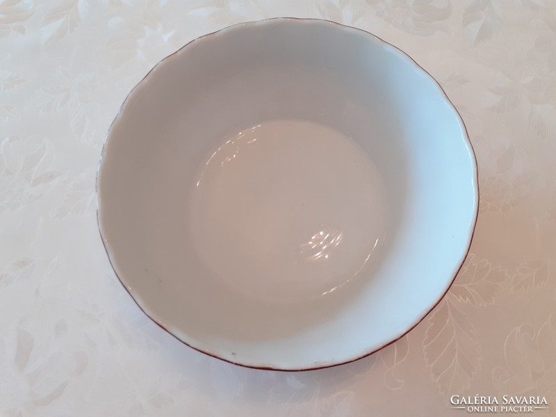 Old porcelain bowl with violet pattern, wall plate with pearls, folk wall decoration