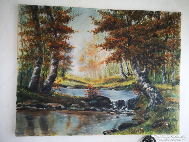 Antique painting autumn landscape landscape. Oil on canvas, large size 70 x 90 cm
