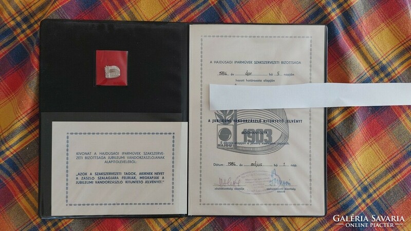 (K) jubilee wandering flag badge Hajdúság industrial works + certificate