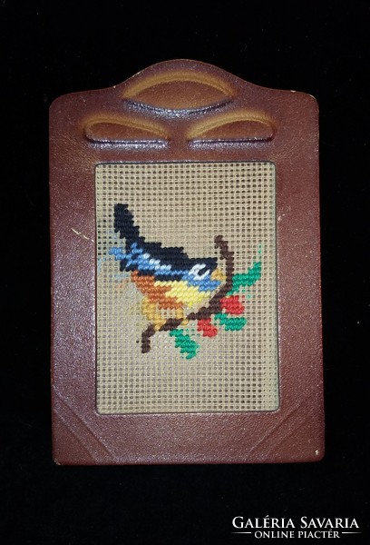 Retro bird embroidered picture in leather frame 12x18