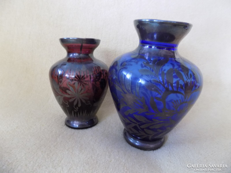 Art Nouveau loetz style silver painted small vases !!